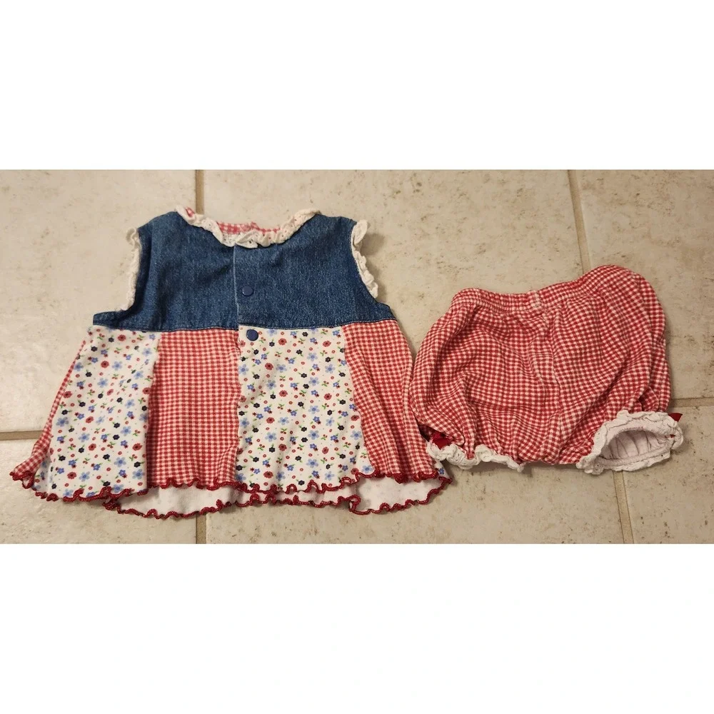 Baby Girls 3-6 Months Denim Patchwork Gingham Strawberry Tunic and Bloomers Set